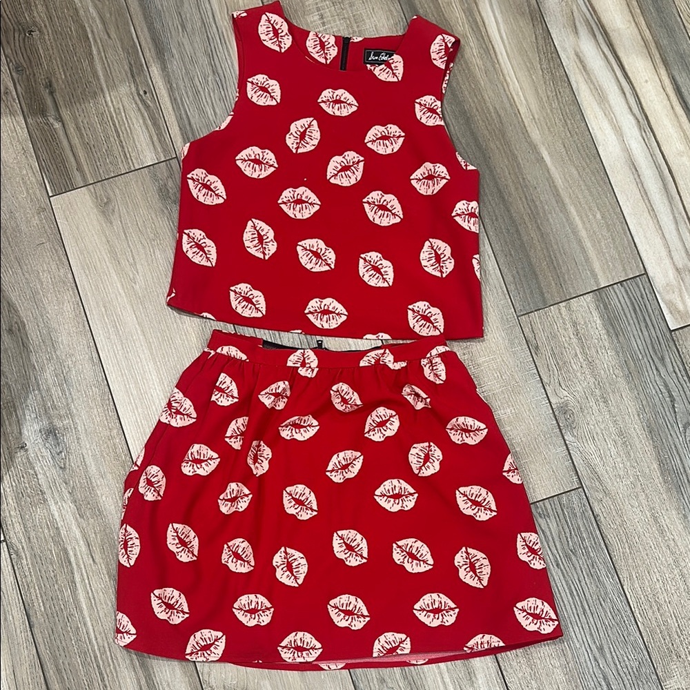 Sam Edelman Red Lip Print Two-Piece Skirt Set